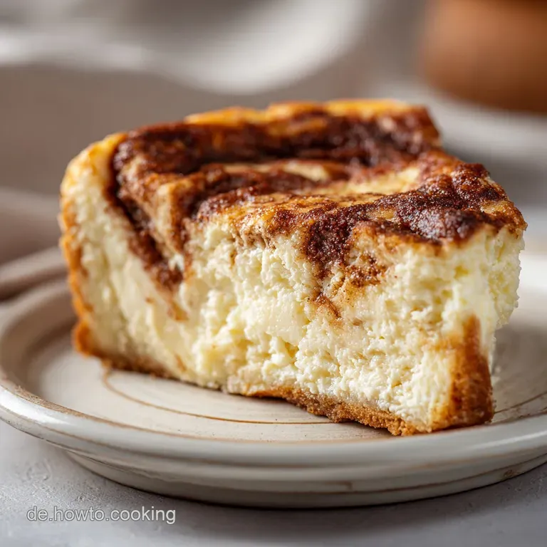 A slice of cinnamon cheesecake topped with a drizzle of glaze, served on a white plate.