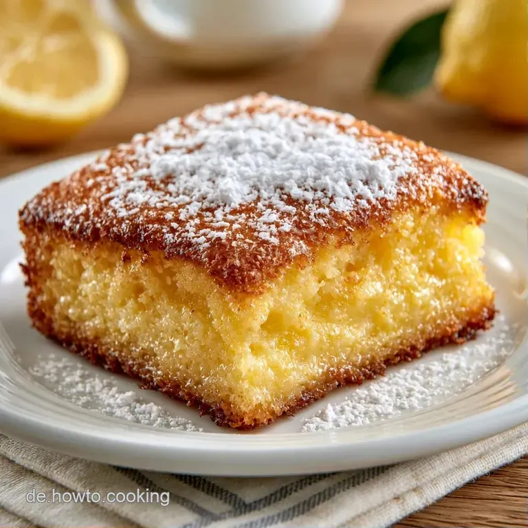 Ein quadratisches St&uuml;ck fluffiger, cremiger Zitronenkuchen auf wei&szlig;em Porzellan, garniert mit einer frischen Beere.
