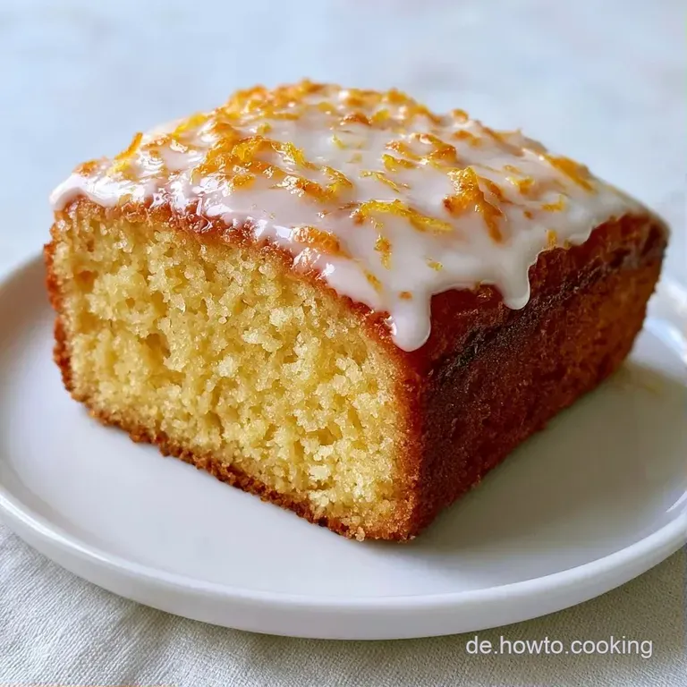 Ein fluffiges St&uuml;ck hellgelber Kuchen auf einem wei&szlig;en Porzellanteller, garniert mit einer cremigen Glasur und Minzblatt.