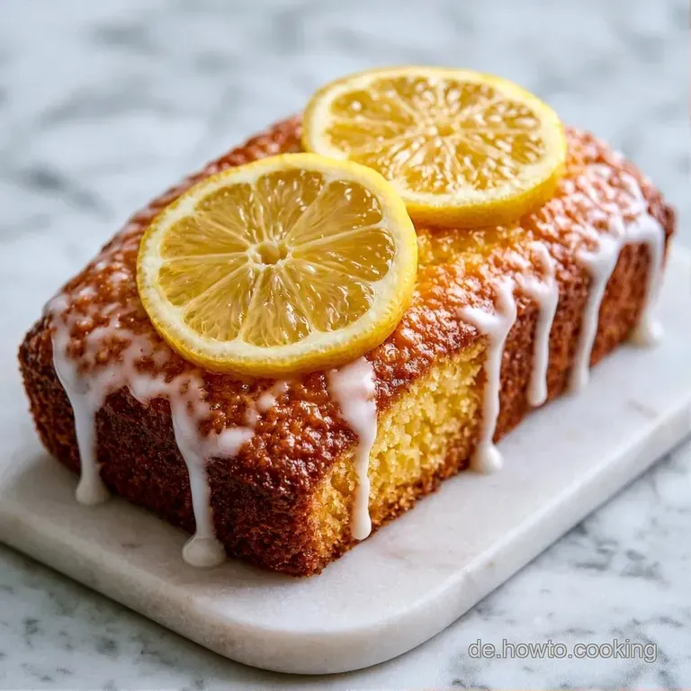Eine fluffige Scheibe hellgelben Zitronenkuchens auf wei&szlig;em Porzellan, gekr&ouml;nt von zart schmelzender wei&szlig;er Glasur.