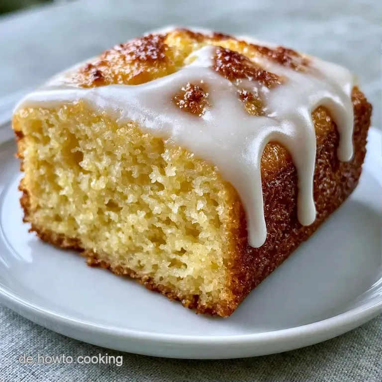 Ein hellgelbes Kuchenst&uuml;ck auf einer wei&szlig;en Porzellanplatte, garniert mit frischen Zitronenscheiben und wei&szlig;em Guss.