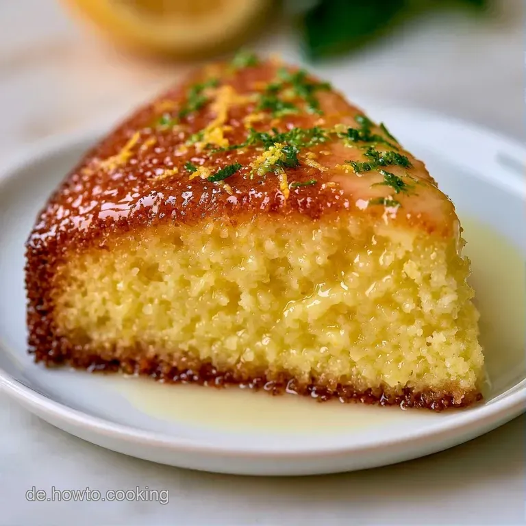 Ein saftiges St&uuml;ck hellgelben Zitronenkuchen auf einem wei&szlig;en Teller, garniert mit einer frischen Zitronenscheibe.
