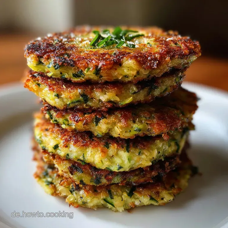 Stack of crispy zucchini fritters with a dollop of creamy white sauce, garnished with a vibrant green sprig of dill on a w...